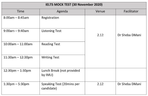 IELTS Programme Schedule (Mock Test)